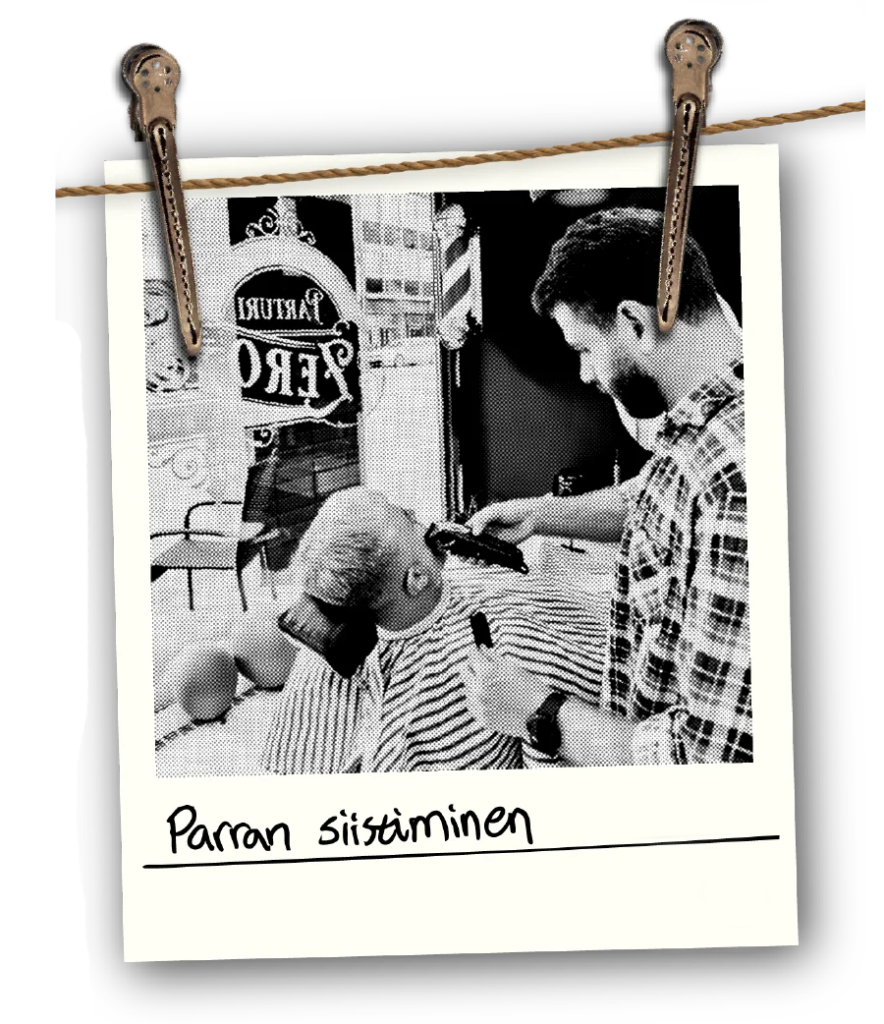 Polaroid-kuva parran siistimisestä Parturi Mikkelissä